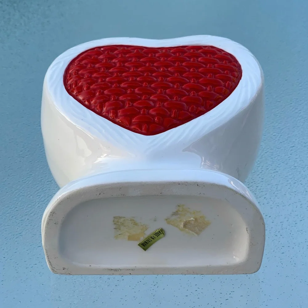 Ceramic White with Red Basket Weave Heart-Shaped Planter Vase